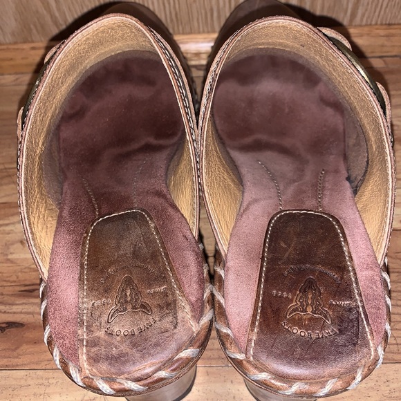 Frye Charlotte leather 8 wedge O ring stitched distressed brown mule clogs VGUC - Picture 7 of 13